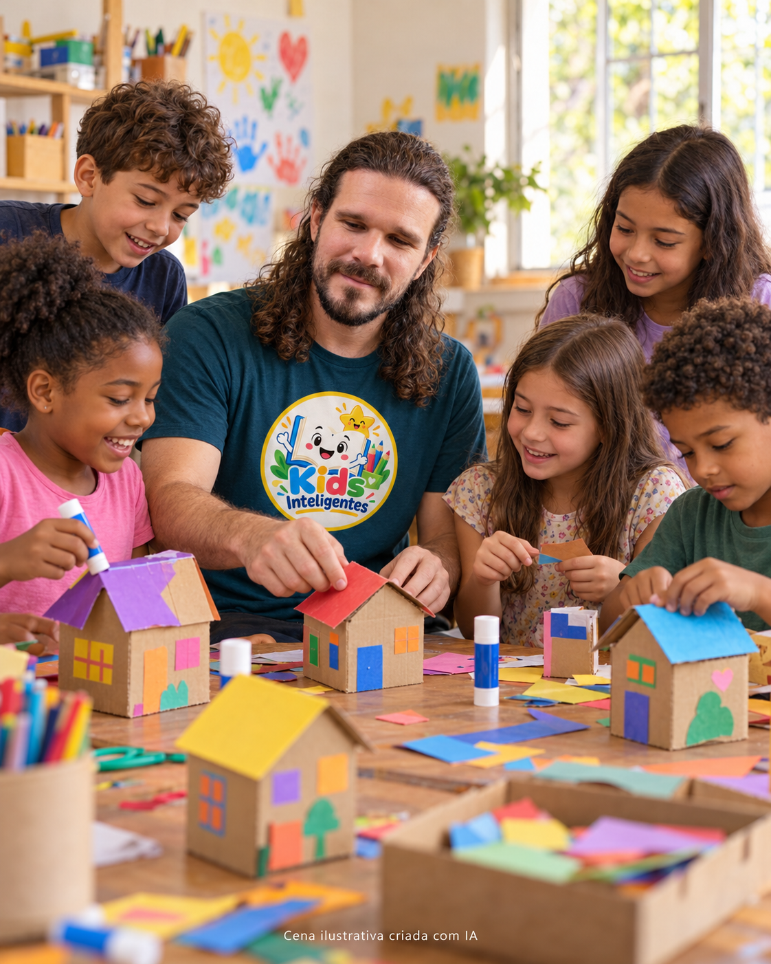 Cena ilustrativa de crianças e um educador montando casinhas coloridas com papelão